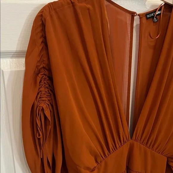 Fashion Nova Ruched Sleeve Rust Sienna Dress - Picture 8 of 9